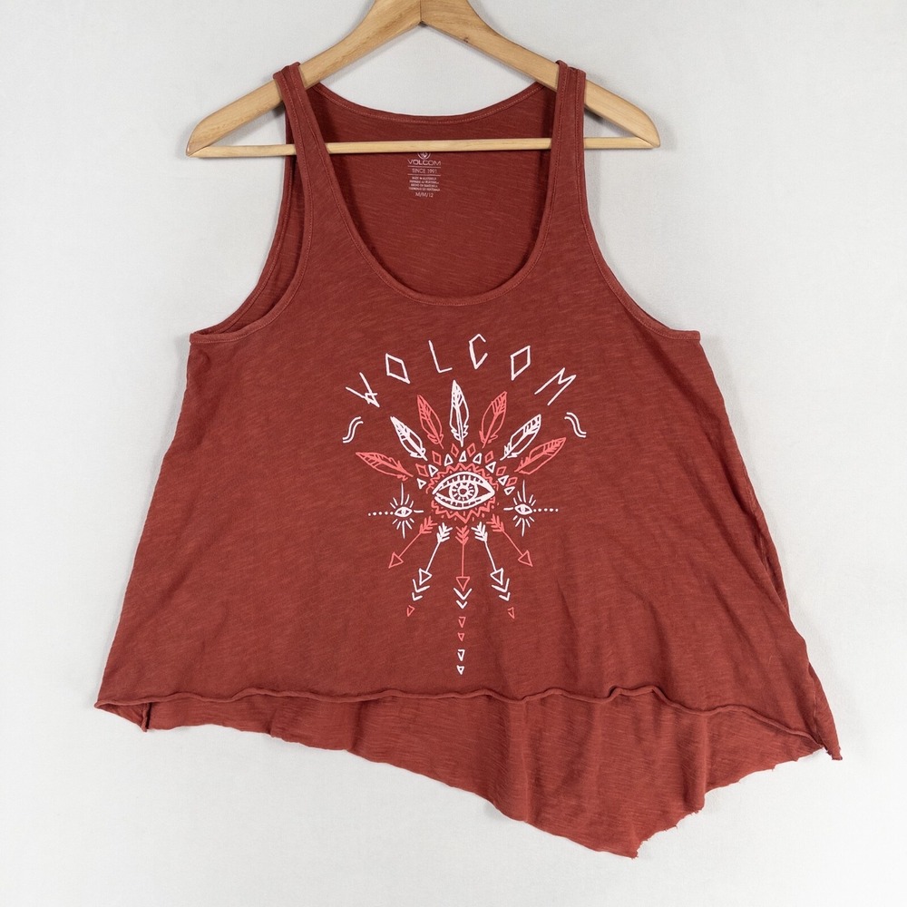 Volcom Tank Top Womens Sz Medium Rust Red Orange Graphics Swing Cotton Casual